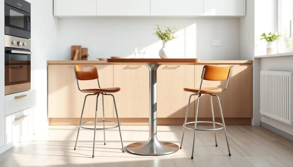 a modern small kitchen dining table with a metal base and a glass or wood top, positioned in a bright, airy kitchen with clean white walls and minimalist decor. The table is surrounded by two or three metal and leather barstools, creating a casual, contemporary dining space. Soft natural lighting floods the room, creating a warm, inviting atmosphere. The overall scene conveys a sense of simplicity, functionality, and modern style.