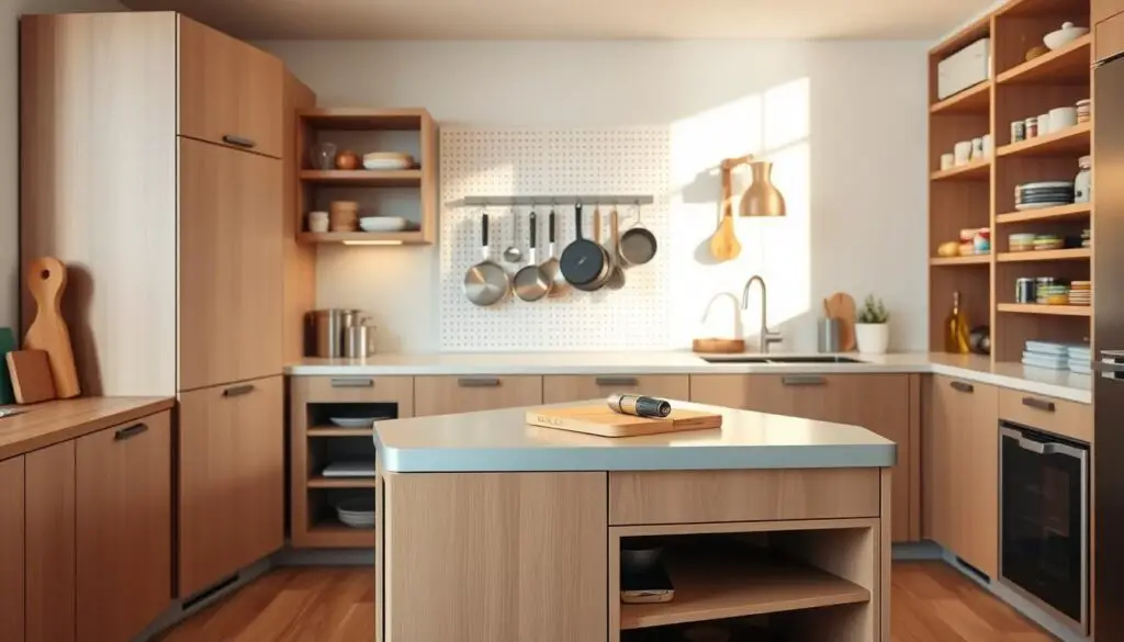 a sleek, modern kitchen with multi-functional furniture pieces that maximize the available space. in the foreground, a compact kitchen island with built-in storage and a sleek, minimalist design. on top, a cutting board and a few kitchen tools, creating a functional workspace. behind the island, a tall, narrow cabinet with adjustable shelves to store kitchen essentials. in the middle ground, a wall-mounted pegboard with hooks and clips to hang utensils, pots, and pans, freeing up counter space. in the background, a tall, narrow pantry unit with pull-out drawers and shelves, providing ample storage for dry goods and canned items. the kitchen is bathed in warm, natural lighting, creating a cozy and inviting atmosphere.