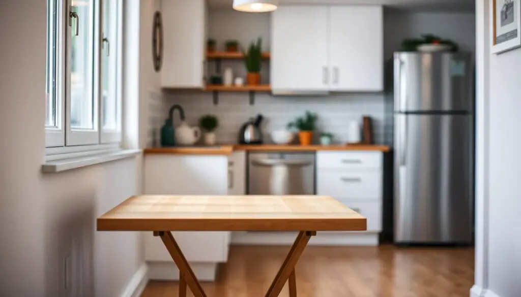 a small cozy kitchen with a foldable table in the foreground, the table is placed against a wall with a window that lets in natural light, the table has a minimalist design with clean lines and a wood or neutral-colored surface, the kitchen has white cabinets, subway tile backsplash, and stainless steel appliances in the middle ground, the background is blurred but shows a few potted plants or other small decor elements to create a warm, inviting atmosphere, the lighting is soft and diffused, creating a cozy, intimate mood, the camera angle is slightly elevated to showcase the table and kitchen layout a small cozy kitchen with a foldable table in the foreground, the table is placed against a wall with a window that lets in natural light, the table has a minimalist design with clean lines and a wood or neutral-colored surface, the kitchen has white cabinets, subway tile backsplash, and stainless steel appliances in the middle ground, the background is blurred but shows a few potted plants or other small decor elements to create a warm, inviting atmosphere, the lighting is soft and diffused, creating a cozy, intimate mood, the camera angle is slightly elevated to showcase the table and kitchen layout