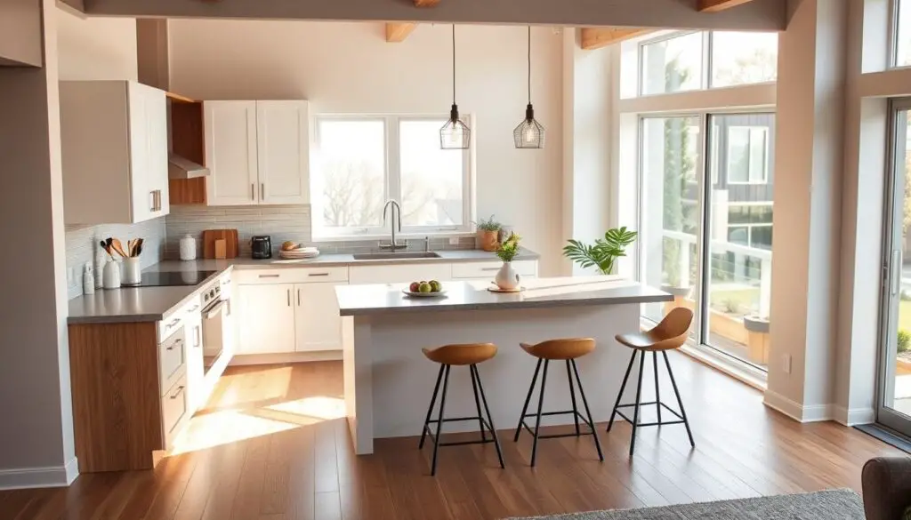 a small modern kitchen layout with an open floor plan, featuring a multifunctional island serving as a dining table, workspace, and storage unit. The kitchen is bathed in warm, natural light from large windows, highlighting the neutral color scheme of white cabinets, gray quartz countertops, and wood accents. The island is equipped with adjustable stools, providing a cozy seating area for casual meals. Minimalist pendant lights hang above the island, casting a soft, ambient glow. The backsplash is a sleek tile pattern that complements the modern aesthetic. The layout maximizes the available space, with efficient storage solutions and a seamless flow between the kitchen and the adjacent living area.