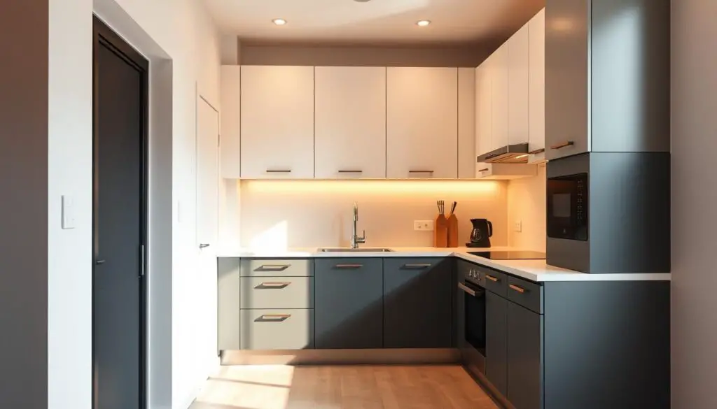 a small, modern kitchen with compact, minimalist cabinets in a contrasting color scheme. the cabinets have a sleek, handleless design with a matte finish, creating a clean, contemporary look. the cabinets are arranged in a U-shaped layout, maximizing the available space. the kitchen is bathed in warm, diffused lighting that highlights the interplay of light and shadow, creating depth and visual interest. the overall mood is one of calm and sophistication, with the bold color choices drawing the eye and creating an illusion of a larger, more spacious kitchen. a small, modern kitchen with compact, minimalist cabinets in a contrasting color scheme. the cabinets have a sleek, handleless design with a matte finish, creating a clean, contemporary look. the cabinets are arranged in a U-shaped layout, maximizing the available space. the kitchen is bathed in warm, diffused lighting that highlights the interplay of light and shadow, creating depth and visual interest. the overall mood is one of calm and sophistication, with the bold color choices drawing the eye and creating an illusion of a larger, more spacious kitchen.