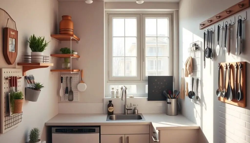 a small, well-organized kitchen in a small apartment, with various DIY storage and space-saving solutions. The walls feature floating shelves, pegboards, and magnetic knife strips that transform the space into a functional and visually appealing cooking area. The room is bathed in warm, natural lighting filtering through large windows, creating a cozy and inviting atmosphere. The kitchen has a clean, minimalist aesthetic, with white cabinets and countertops complemented by natural wood accents. Various DIY projects are showcased, such as a hanging herb garden, a custom spice rack, and a magnetic board for organizing cooking utensils. The overall impression is one of a thoughtfully designed and highly efficient small-space kitchen.