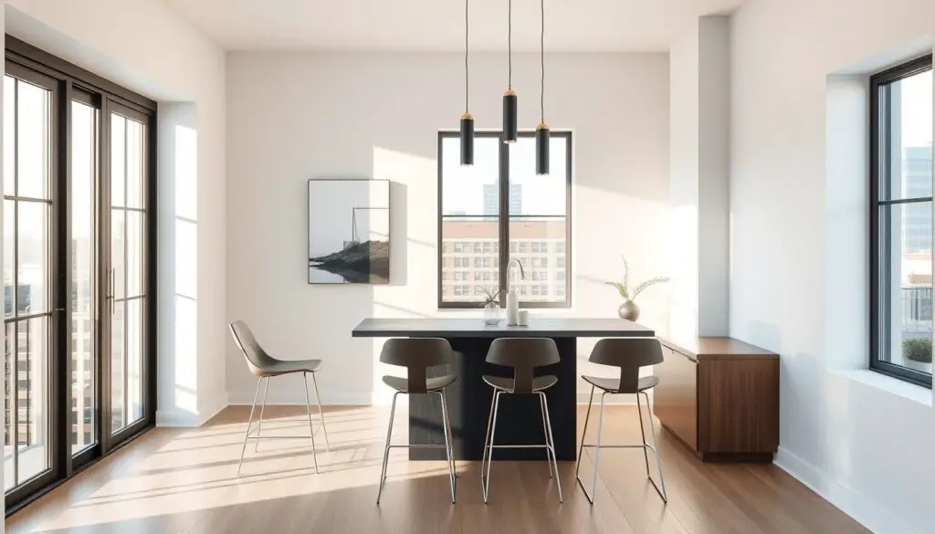 a stylish small dining room with a modern island table, pendant lighting, and a minimalist aesthetic. the island table is a sleek, rectangular design in a dark wood or marble finish, surrounded by four modern bar stools with low backs and metallic accents. the room is filled with natural light from large windows, casting a warm, inviting glow. the walls are painted a soft, neutral color, complemented by a simple, abstract artwork. the floor is a light-colored hardwood, adding to the overall airy and contemporary feel of the space. the pendant lights above the island are slim, cylindrical fixtures with matte black or brass finishes, providing both task and ambient lighting. overall, the scene conveys a sense of refined elegance and functionality in a compact, urban dining area.
