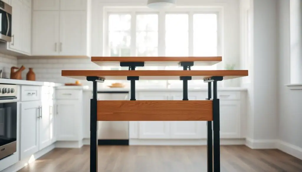adjustable height kitchen table, wood and metal construction, with a rectangular tabletop that can be raised or lowered to various levels, creating a versatile dining surface for both adults and children. The table is situated in a bright, airy kitchen with white cabinets and subway tile backsplash. Soft, diffused natural light streams in through large windows, casting a warm glow on the table. The legs of the table are slender metal, painted a matte black, complementing the wood grain of the tabletop. The overall aesthetic is modern, minimalist, and functional, perfectly suited for a small kitchen dining space.
