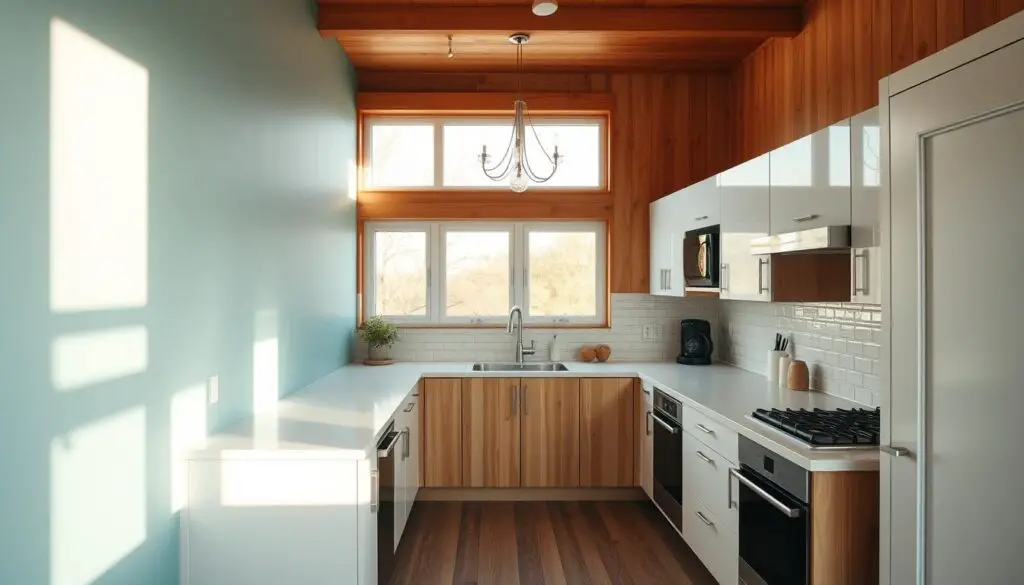 small kitchen with an accent wall, natural lighting streaming in from large windows, clean and minimalist design, warm wood tones, pastel green or blue accent wall, sleek white cabinets and countertops, stainless steel appliances, modern pendant lighting, tile backsplash, subtle pops of color from accessories, tight but efficient layout, high-contrast between light and dark elements, slightly elevated angle to capture the entire space small kitchen with an accent wall, natural lighting streaming in from large windows, clean and minimalist design, warm wood tones, pastel green or blue accent wall, sleek white cabinets and countertops, stainless steel appliances, modern pendant lighting, tile backsplash, subtle pops of color from accessories, tight but efficient layout, high-contrast between light and dark elements, slightly elevated angle to capture the entire space