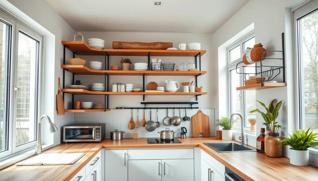 small kitchen with minimalist open shelves, hanging racks, and smart storage solutions, natural lighting through large windows, wooden countertops and white cabinets, clean modern aesthetic, compact efficient layout, stainless steel appliances, neatly organized cooking essentials, minimalist decor, overhead task lighting, slight wide-angle perspective to showcase the space-saving features