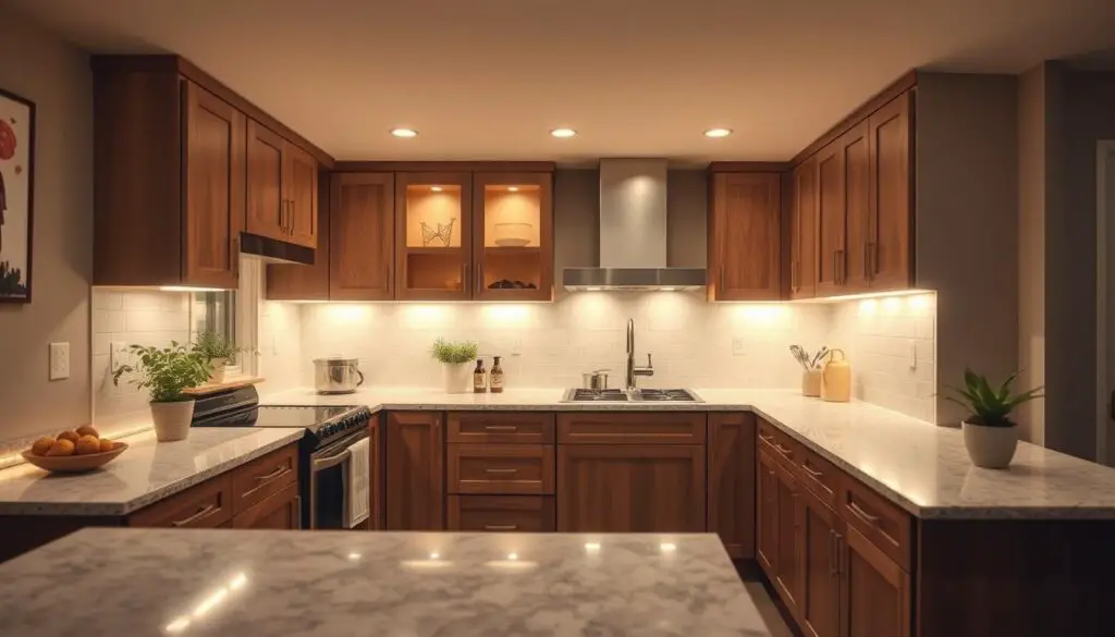 An organized and well-lit kitchen featuring a variety of under-cabinet lighting options, including sleek LED strips, recessed puck lights, and dimmable task lighting, all casting a warm glow and accentuating the clean, modern cabinetry. The lighting is positioned to maximize visibility and efficiency in the workspace, with a focus on illuminating the countertops and key prep areas. The scene conveys a sense of functionality and intentional design, creating a cozy and inviting atmosphere in the small kitchen.