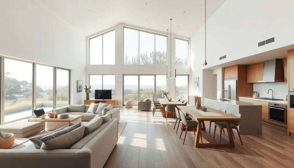 A bright, airy open concept living space with a seamless flow between the living room, dining area, and kitchen. A large open-plan layout with high ceilings, abundant natural light flooding through expansive windows, and a minimalist, Scandinavian-inspired design aesthetic. Subtle earthy tones, clean lines, and natural materials like wood and stone create a calming, harmonious atmosphere. A plush sectional sofa, a wooden dining table with modern chairs, and a sleek, integrated kitchen with state-of-the-art appliances occupy the foreground. In the background, a serene outdoor view through the large windows, blending the indoor and outdoor spaces. A sense of spaciousness, functionality, and quiet sophistication permeates the scene. A bright, airy open concept living space with a seamless flow between the living room, dining area, and kitchen. A large open-plan layout with high ceilings, abundant natural light flooding through expansive windows, and a minimalist, Scandinavian-inspired design aesthetic. Subtle earthy tones, clean lines, and natural materials like wood and stone create a calming, harmonious atmosphere. A plush sectional sofa, a wooden dining table with modern chairs, and a sleek, integrated kitchen with state-of-the-art appliances occupy the foreground. In the background, a serene outdoor view through the large windows, blending the indoor and outdoor spaces. A sense of spaciousness, functionality, and quiet sophistication permeates the scene.