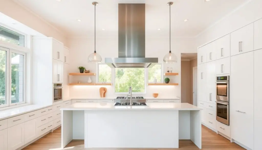 A bright, modern open kitchen with a stunning island range hood as the focal point. The hood's sleek, minimalist design seamlessly blends with the surrounding white cabinetry and countertops, creating a cohesive, airy aesthetic. The pendant lights above cast a warm, ambient glow, complementing the natural light streaming in through the large windows. The kitchen's clean lines and uncluttered layout emphasize the openness of the floor plan, making the space feel expansive and inviting. The island range hood stands out as a statement piece, its stainless steel finish reflecting the modern, high-end feel of the overall design. A bright, modern open kitchen with a stunning island range hood as the focal point. The hood's sleek, minimalist design seamlessly blends with the surrounding white cabinetry and countertops, creating a cohesive, airy aesthetic. The pendant lights above cast a warm, ambient glow, complementing the natural light streaming in through the large windows. The kitchen's clean lines and uncluttered layout emphasize the openness of the floor plan, making the space feel expansive and inviting. The island range hood stands out as a statement piece, its stainless steel finish reflecting the modern, high-end feel of the overall design.