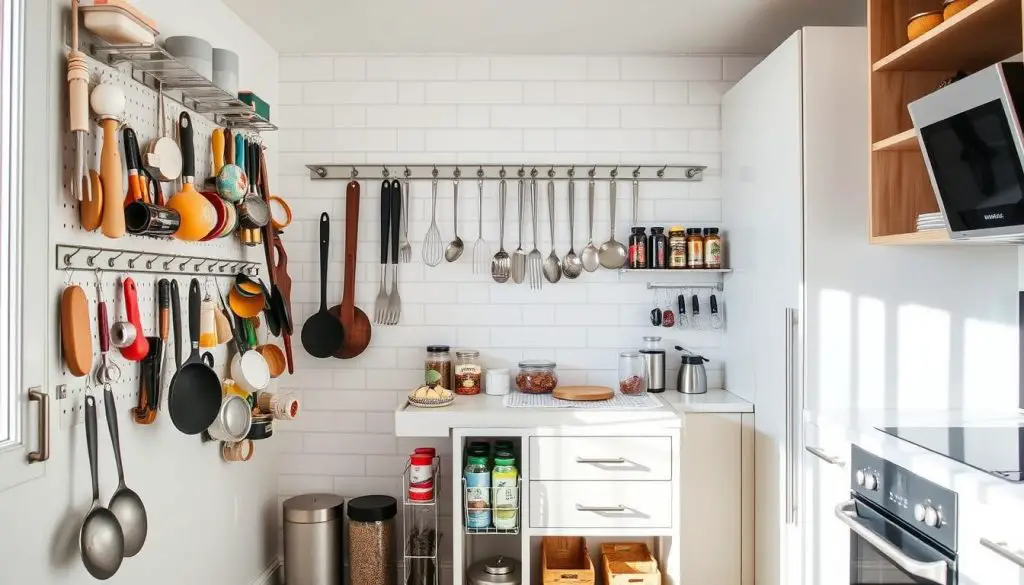 A bright, well-lit kitchen with ample vertical storage solutions. In the foreground, an assortment of cleverly organized kitchen gadgets and utensils neatly arranged on a series of wall-mounted shelves and pegs. In the middle ground, a rolling kitchen cart serves as a mobile storage unit, with drawers and compartments filled with spices, jars, and other cooking essentials. The background features a clean, minimalist tile backsplash and sleek, modern appliances, creating a cohesive, streamlined aesthetic. The overall scene conveys a sense of efficient, space-saving organization, with a focus on maximizing the vertical dimensions of the small kitchen. A bright, well-lit kitchen with ample vertical storage solutions. In the foreground, an assortment of cleverly organized kitchen gadgets and utensils neatly arranged on a series of wall-mounted shelves and pegs. In the middle ground, a rolling kitchen cart serves as a mobile storage unit, with drawers and compartments filled with spices, jars, and other cooking essentials. The background features a clean, minimalist tile backsplash and sleek, modern appliances, creating a cohesive, streamlined aesthetic. The overall scene conveys a sense of efficient, space-saving organization, with a focus on maximizing the vertical dimensions of the small kitchen.