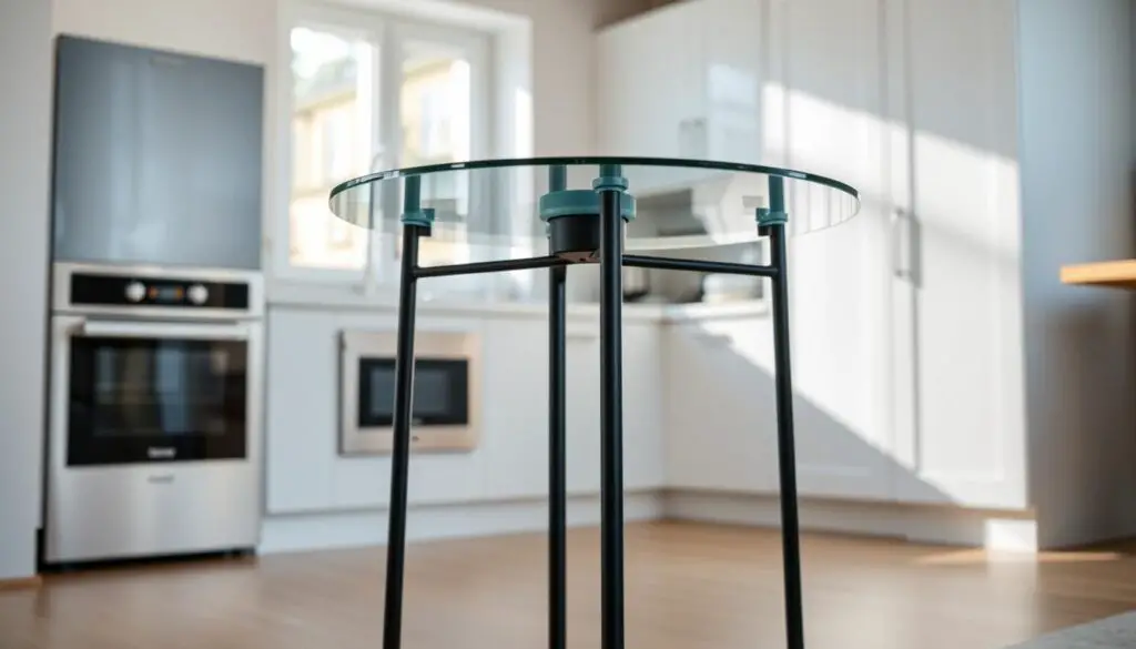 A compact, modern kitchen table with a sleek, space-saving design. The table features a round, tempered glass top that rests on a minimalist, metal frame with clean lines. The frame is finished in a matte black color, creating a sophisticated and contemporary look. The table is positioned in a bright, airy kitchen with white walls and modern appliances in the background. Soft, natural lighting filters through the windows, casting a warm and inviting glow on the table. The overall atmosphere conveys a sense of efficiency and thoughtful design, perfectly suited for a small, urban kitchen. A compact, modern kitchen table with a sleek, space-saving design. The table features a round, tempered glass top that rests on a minimalist, metal frame with clean lines. The frame is finished in a matte black color, creating a sophisticated and contemporary look. The table is positioned in a bright, airy kitchen with white walls and modern appliances in the background. Soft, natural lighting filters through the windows, casting a warm and inviting glow on the table. The overall atmosphere conveys a sense of efficiency and thoughtful design, perfectly suited for a small, urban kitchen.