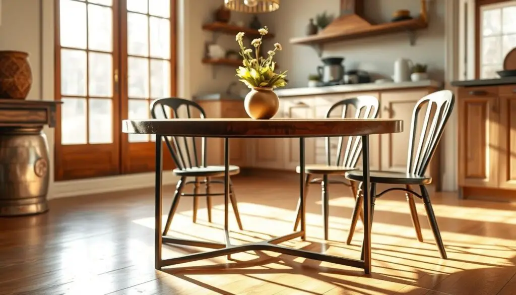 A cozy DIY small round kitchen table with a simple yet elegant rustic design, featuring a solid wood top and a minimalist metal frame. The table is bathed in warm, natural light from a large window, casting a soft glow and highlighting the wood grain. The foreground showcases the intricate craftsmanship, while the middle ground depicts the table in its intended setting, surrounded by mismatched vintage chairs that complement the overall rustic aesthetic. The background subtly blends with the kitchen's decor, creating a harmonious and inviting atmosphere. A cozy DIY small round kitchen table with a simple yet elegant rustic design, featuring a solid wood top and a minimalist metal frame. The table is bathed in warm, natural light from a large window, casting a soft glow and highlighting the wood grain. The foreground showcases the intricate craftsmanship, while the middle ground depicts the table in its intended setting, surrounded by mismatched vintage chairs that complement the overall rustic aesthetic. The background subtly blends with the kitchen's decor, creating a harmonious and inviting atmosphere.