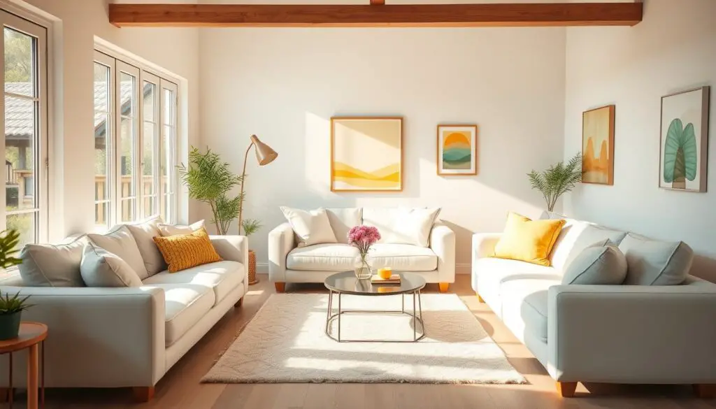 A cozy and bright living room with warm, inviting lighting. Soft, plush furniture in light pastel shades, like powder blue and pale peach, arranged in a welcoming layout. Large windows let in natural sunlight, casting a gentle glow throughout the space. Pops of vibrant colors, such as sunny yellow and mint green, in the form of throw pillows, artwork, and small decorative accents. Clean, minimalist design with hints of Scandinavian influence. An overall sense of airiness and tranquility, creating a peaceful and rejuvenating atmosphere. A cozy and bright living room with warm, inviting lighting. Soft, plush furniture in light pastel shades, like powder blue and pale peach, arranged in a welcoming layout. Large windows let in natural sunlight, casting a gentle glow throughout the space. Pops of vibrant colors, such as sunny yellow and mint green, in the form of throw pillows, artwork, and small decorative accents. Clean, minimalist design with hints of Scandinavian influence. An overall sense of airiness and tranquility, creating a peaceful and rejuvenating atmosphere.