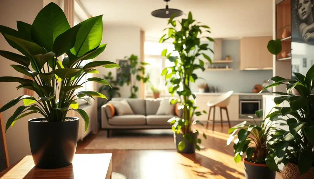 A cozy and inviting apartment interior with a focus on lush, verdant plants. In the foreground, a large, healthy potted plant sits on a sleek, wooden side table, casting soft shadows across the room. In the middle ground, a plush, modern sofa is flanked by two leafy, floor-standing plants, creating a relaxing, nature-inspired atmosphere. The background features a bright, airy kitchen with plenty of natural light streaming in through large windows, accentuating the vibrant greenery. The overall lighting is warm and diffused, creating a calming, harmonious ambiance that reflects the tranquility of urban apartment living with plants. A cozy and inviting apartment interior with a focus on lush, verdant plants. In the foreground, a large, healthy potted plant sits on a sleek, wooden side table, casting soft shadows across the room. In the middle ground, a plush, modern sofa is flanked by two leafy, floor-standing plants, creating a relaxing, nature-inspired atmosphere. The background features a bright, airy kitchen with plenty of natural light streaming in through large windows, accentuating the vibrant greenery. The overall lighting is warm and diffused, creating a calming, harmonious ambiance that reflects the tranquility of urban apartment living with plants.