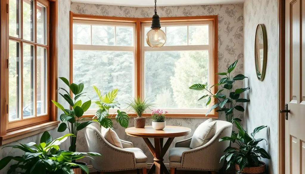 A cozy and inviting breakfast nook, filled with natural light streaming through a large window. A small wooden table with two plush, upholstered chairs nestled in the corner, creating an intimate space. Lush greenery and potted plants add a touch of life, while a rustic pendant light casts a warm, ambient glow. The walls are adorned with a soothing, neutral-toned wallpaper, complemented by wooden accents and soft textiles. The overall atmosphere exudes comfort, coziness, and a sense of tranquility, perfect for enjoying a leisurely morning meal. A cozy and inviting breakfast nook, filled with natural light streaming through a large window. A small wooden table with two plush, upholstered chairs nestled in the corner, creating an intimate space. Lush greenery and potted plants add a touch of life, while a rustic pendant light casts a warm, ambient glow. The walls are adorned with a soothing, neutral-toned wallpaper, complemented by wooden accents and soft textiles. The overall atmosphere exudes comfort, coziness, and a sense of tranquility, perfect for enjoying a leisurely morning meal.