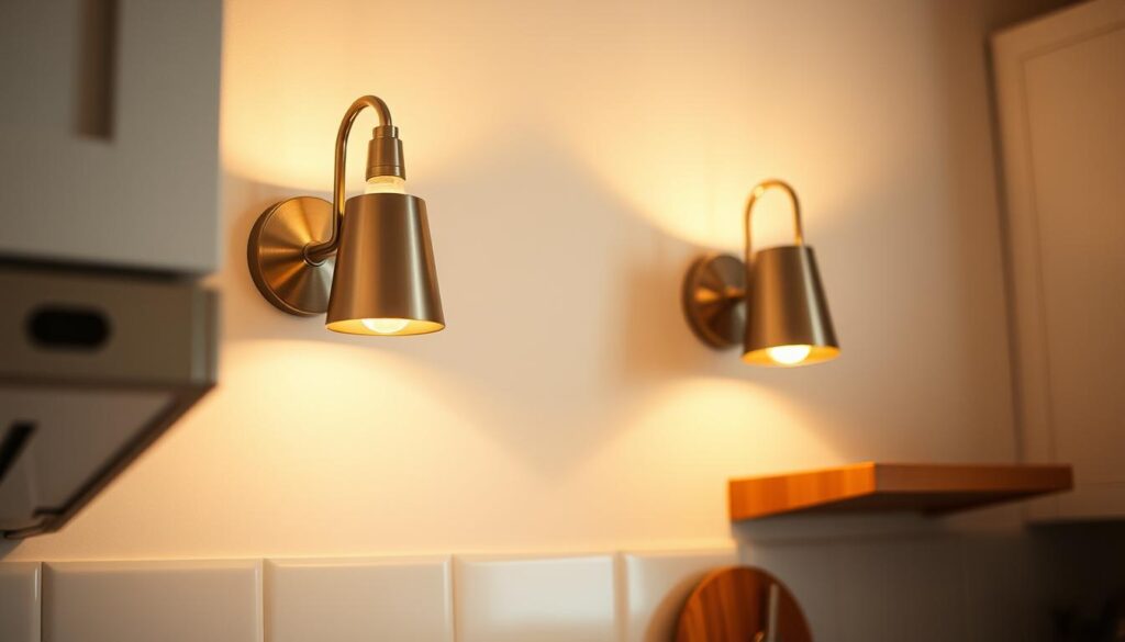 A cozy, intimate kitchen scene with a pair of stylish wall sconces providing warm, ambient lighting. The sconces have a mid-century modern design with a sleek, brushed metal finish that complements the neutral color palette of the kitchen. The soft, diffused glow from the sconces casts a gentle, inviting atmosphere, adding depth and character to the small space. The kitchen features clean, minimal cabinetry and simple, subway tile backsplash, allowing the sconces to be the focal point. The scene is shot at a low angle, emphasizing the sconces and creating a sense of coziness and enclosure. A cozy, intimate kitchen scene with a pair of stylish wall sconces providing warm, ambient lighting. The sconces have a mid-century modern design with a sleek, brushed metal finish that complements the neutral color palette of the kitchen. The soft, diffused glow from the sconces casts a gentle, inviting atmosphere, adding depth and character to the small space. The kitchen features clean, minimal cabinetry and simple, subway tile backsplash, allowing the sconces to be the focal point. The scene is shot at a low angle, emphasizing the sconces and creating a sense of coziness and enclosure.