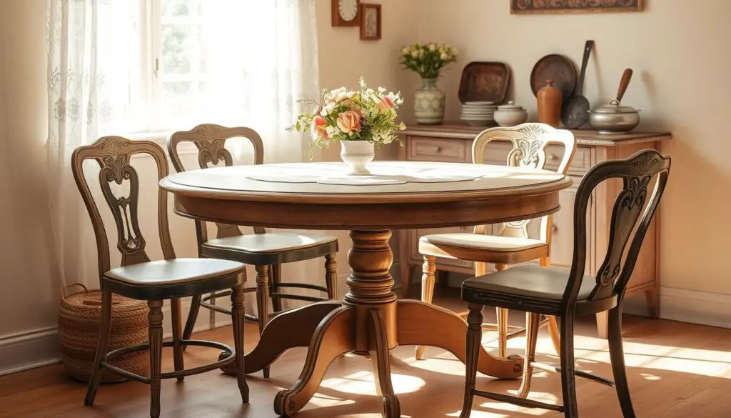 A cozy, inviting vintage round kitchen table stands in a sun-dappled room, its ornate wooden legs and distressed surface exuding a timeless charm. Soft natural light filters through lace curtains, casting a warm glow across the table's surface, which is adorned with a delicate floral tablecloth and a vase of fresh-cut blooms. The table is surrounded by mismatched, vintage-inspired chairs, their weathered frames and upholstered seats adding to the room's eclectic, lived-in ambiance. The walls are painted a soft, muted color, complementing the table's rustic elegance, while a collection of antique cookware and décor items lend an air of history and character to the space. A cozy, inviting vintage round kitchen table stands in a sun-dappled room, its ornate wooden legs and distressed surface exuding a timeless charm. Soft natural light filters through lace curtains, casting a warm glow across the table's surface, which is adorned with a delicate floral tablecloth and a vase of fresh-cut blooms. The table is surrounded by mismatched, vintage-inspired chairs, their weathered frames and upholstered seats adding to the room's eclectic, lived-in ambiance. The walls are painted a soft, muted color, complementing the table's rustic elegance, while a collection of antique cookware and décor items lend an air of history and character to the space.