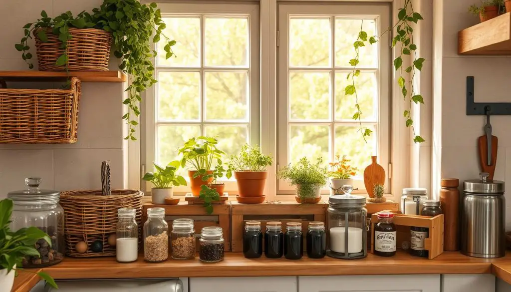 A cozy kitchen window sill brimming with charming storage solutions. Tasteful wicker baskets and rustic wooden crates neatly arranged, accented by lush potted herbs and trailing vines. Warm, natural lighting filters through the glass, casting a soft, inviting glow. The sill's surface is adorned with a selection of practical jars, tins, and decorative elements, creating a harmonious blend of function and style. The overall scene exudes a sense of organization and homely comfort, perfectly showcasing how to maximize the potential of this underutilized kitchen nook. A cozy kitchen window sill brimming with charming storage solutions. Tasteful wicker baskets and rustic wooden crates neatly arranged, accented by lush potted herbs and trailing vines. Warm, natural lighting filters through the glass, casting a soft, inviting glow. The sill's surface is adorned with a selection of practical jars, tins, and decorative elements, creating a harmonious blend of function and style. The overall scene exudes a sense of organization and homely comfort, perfectly showcasing how to maximize the potential of this underutilized kitchen nook.