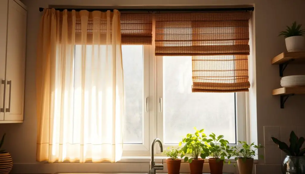 A cozy kitchen with a large window, illuminated by warm, natural light. Delicate sheer curtains in a soft, earthy tone frame the glass, allowing the sunlight to filter through while maintaining privacy. A mix of minimalist, wooden blinds and textured, woven Roman shades add depth and visual interest. Potted plants on the windowsill bring a touch of greenery, complementing the kitchen's neutral color palette. The overall atmosphere is inviting and serene, perfect for a small, intimate cooking space. A cozy kitchen with a large window, illuminated by warm, natural light. Delicate sheer curtains in a soft, earthy tone frame the glass, allowing the sunlight to filter through while maintaining privacy. A mix of minimalist, wooden blinds and textured, woven Roman shades add depth and visual interest. Potted plants on the windowsill bring a touch of greenery, complementing the kitchen's neutral color palette. The overall atmosphere is inviting and serene, perfect for a small, intimate cooking space.