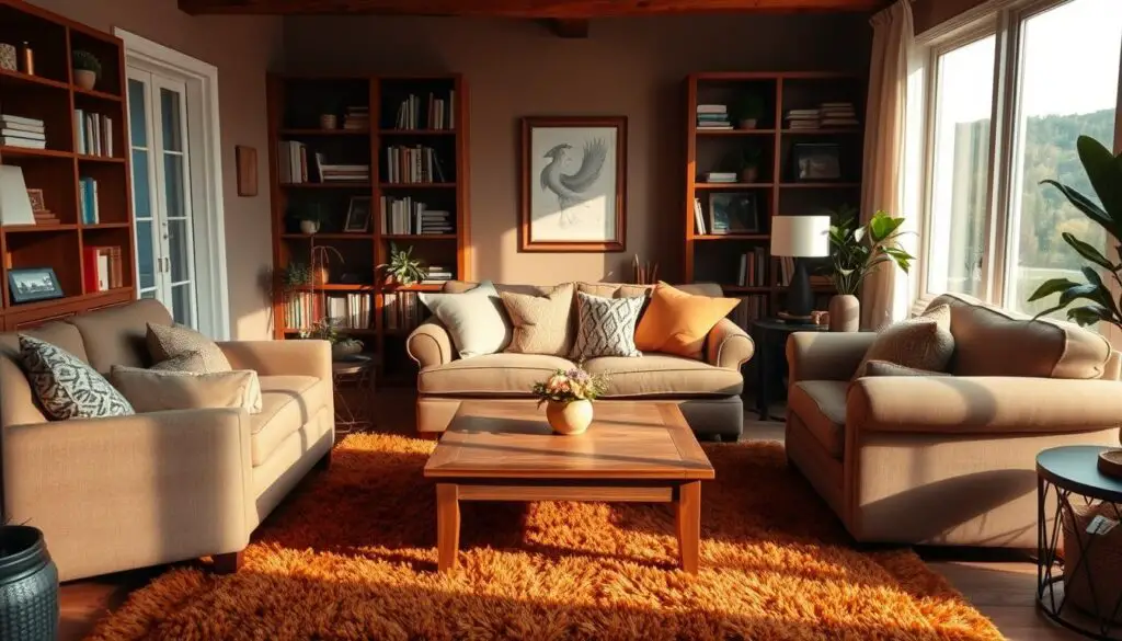 A cozy living room bathed in warm, soft lighting, featuring a plush, textured area rug in earthy tones. Comfortable armchairs and a loveseat upholstered in rich, inviting fabrics surround a wooden coffee table. Throw pillows in complementary hues and patterns add layers of coziness. Bookshelves line the walls, with decorative items and indoor plants adding organic touches. The space exudes a welcoming, intimate atmosphere, perfect for relaxation and conversation. A cozy living room bathed in warm, soft lighting, featuring a plush, textured area rug in earthy tones. Comfortable armchairs and a loveseat upholstered in rich, inviting fabrics surround a wooden coffee table. Throw pillows in complementary hues and patterns add layers of coziness. Bookshelves line the walls, with decorative items and indoor plants adding organic touches. The space exudes a welcoming, intimate atmosphere, perfect for relaxation and conversation.