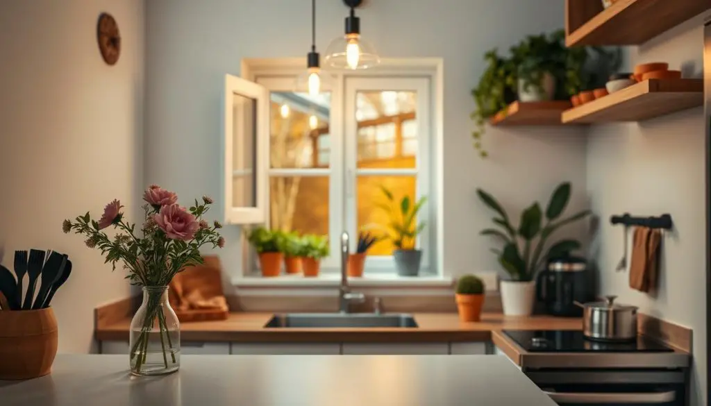A cozy small kitchen with a charming window feature. The foreground showcases a neatly arranged kitchen counter with a minimalist vase of flowers, a wooden cutting board, and some cooking utensils. The middle ground features a warm, well-lit window area with stylish pendant lights casting a soft glow. The background features a clean white wall, with a few potted plants adding a touch of greenery. The overall mood is one of tranquility and elegance, perfect for a serene and functional cooking space. A cozy small kitchen with a charming window feature. The foreground showcases a neatly arranged kitchen counter with a minimalist vase of flowers, a wooden cutting board, and some cooking utensils. The middle ground features a warm, well-lit window area with stylish pendant lights casting a soft glow. The background features a clean white wall, with a few potted plants adding a touch of greenery. The overall mood is one of tranquility and elegance, perfect for a serene and functional cooking space.