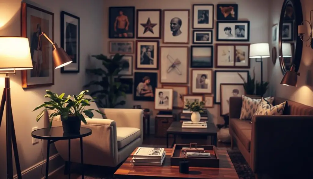 A cozy small living room with a mix of modern and vintage accent pieces. In the foreground, a plush velvet armchair and a stylish side table with a lush potted plant. In the middle ground, a wooden coffee table with a stack of books and a decorative tray. Behind, a gallery wall with a variety of framed artwork, creating a visually interesting focal point. Soft, warm lighting from a floor lamp and sconces casts a gentle glow, enhancing the intimate and inviting atmosphere. The overall scene conveys a sense of refined elegance and personal style in a compact space. A cozy small living room with a mix of modern and vintage accent pieces. In the foreground, a plush velvet armchair and a stylish side table with a lush potted plant. In the middle ground, a wooden coffee table with a stack of books and a decorative tray. Behind, a gallery wall with a variety of framed artwork, creating a visually interesting focal point. Soft, warm lighting from a floor lamp and sconces casts a gentle glow, enhancing the intimate and inviting atmosphere. The overall scene conveys a sense of refined elegance and personal style in a compact space.