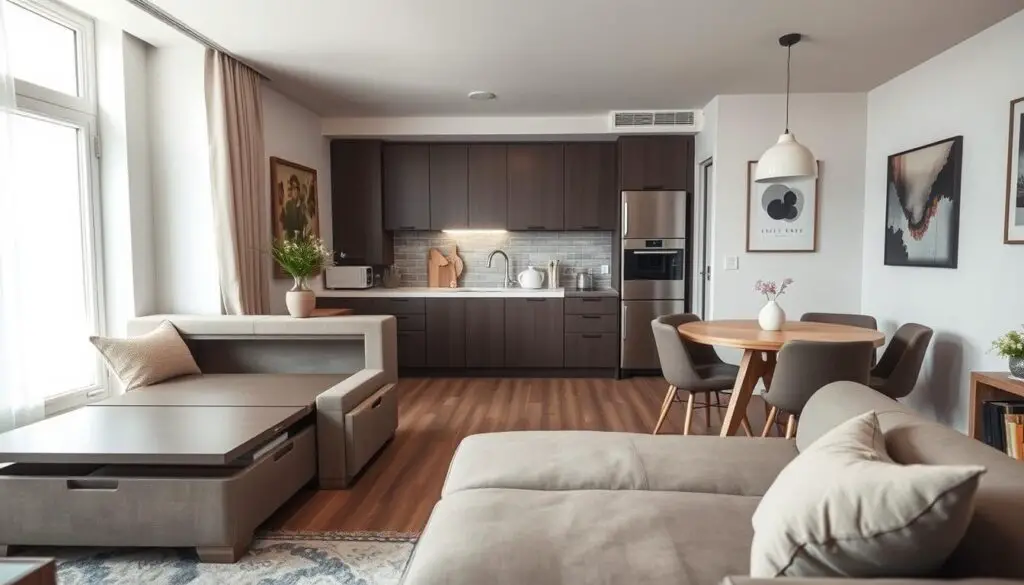 A cozy, well-lit living room with a multifunctional piece of furniture in the foreground. The furniture is a sleek, minimalist design in muted tones, featuring a pull-out dining table, hidden storage compartments, and a convertible sofa bed. The middle ground showcases a small, modern kitchen with clean lines and stainless steel appliances. In the background, a cozy dining nook with a round wooden table and plush upholstered chairs. The scene conveys a sense of efficient, space-saving design and harmonious living. A cozy, well-lit living room with a multifunctional piece of furniture in the foreground. The furniture is a sleek, minimalist design in muted tones, featuring a pull-out dining table, hidden storage compartments, and a convertible sofa bed. The middle ground showcases a small, modern kitchen with clean lines and stainless steel appliances. In the background, a cozy dining nook with a round wooden table and plush upholstered chairs. The scene conveys a sense of efficient, space-saving design and harmonious living.