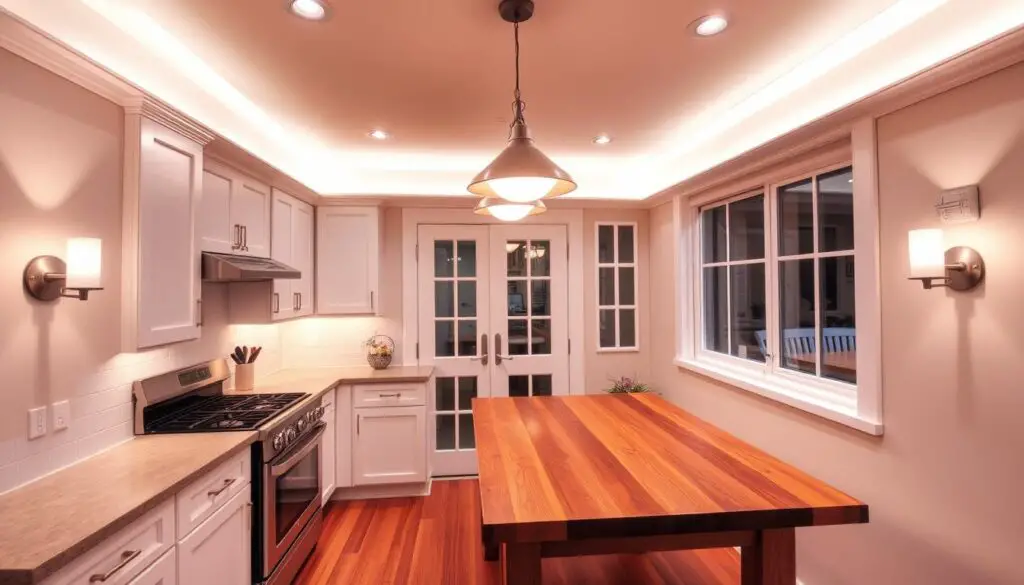A cozy, well-lit small kitchen with a warm, inviting ambiance. Soft, diffused overhead lighting illuminates the clean, white cabinets and countertops, casting a gentle glow on the stainless steel appliances. Recessed ceiling lights are strategically placed to highlight the backsplash and accent the polished hardwood floors. Wall-mounted sconces on either side of a large window provide additional task lighting, while a sleek, modern pendant light hangs above a wooden dining table, creating a focal point. The overall scene conveys a sense of efficiency, functionality, and a harmonious blend of modern and traditional design elements. A cozy, well-lit small kitchen with a warm, inviting ambiance. Soft, diffused overhead lighting illuminates the clean, white cabinets and countertops, casting a gentle glow on the stainless steel appliances. Recessed ceiling lights are strategically placed to highlight the backsplash and accent the polished hardwood floors. Wall-mounted sconces on either side of a large window provide additional task lighting, while a sleek, modern pendant light hangs above a wooden dining table, creating a focal point. The overall scene conveys a sense of efficiency, functionality, and a harmonious blend of modern and traditional design elements.