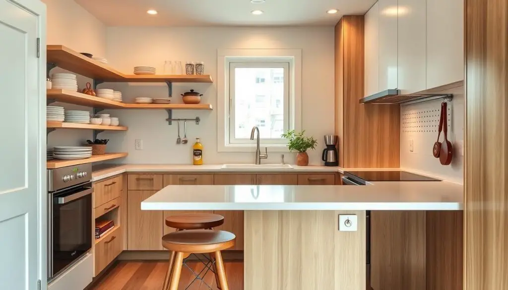 A cozy, well-organized small kitchen with custom built-in storage solutions. Minimalist shelves, pull-out drawers, and a pegboard system optimizing vertical space. Warm, diffused lighting highlights the clean lines and natural wood tones. Mid-century modern stools nestle under a sleek, handleless island. The backsplash reflects the soft, muted palette, complementing the streamlined, functional design. A window lets in gentle natural light, creating an inviting, airy atmosphere. The overall impression is one of thoughtful, space-saving efficiency in a compact, inviting kitchen. A cozy, well-organized small kitchen with custom built-in storage solutions. Minimalist shelves, pull-out drawers, and a pegboard system optimizing vertical space. Warm, diffused lighting highlights the clean lines and natural wood tones. Mid-century modern stools nestle under a sleek, handleless island. The backsplash reflects the soft, muted palette, complementing the streamlined, functional design. A window lets in gentle natural light, creating an inviting, airy atmosphere. The overall impression is one of thoughtful, space-saving efficiency in a compact, inviting kitchen.