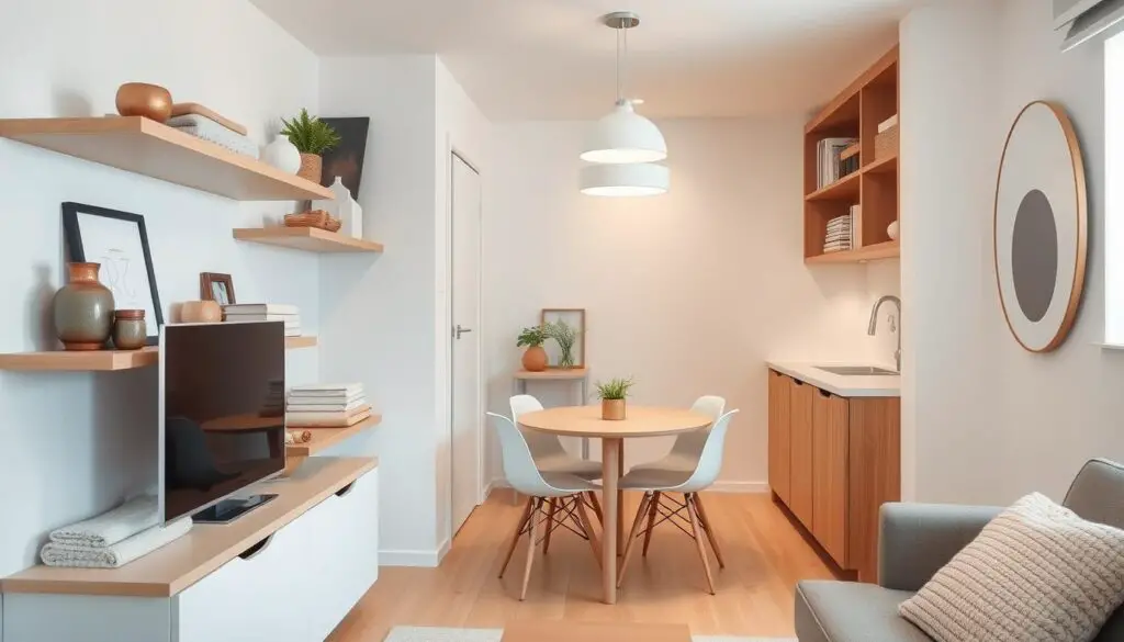 A cozy, well-organized small room with clever storage solutions. A minimalist, Scandinavian-inspired interior with white walls and natural wood accents. Floating shelves and a sleek, low-profile storage cabinet in the foreground, meticulously arranged with decorative items, books, and neatly folded linens. A small, round dining table in the middle ground, surrounded by simple, modern chairs. Soft, diffused lighting from a pendant lamp above, casting a warm glow throughout the space. The room feels bright, airy, and uncluttered, showcasing efficient organization strategies for a compact living, dining, and kitchen area. A cozy, well-organized small room with clever storage solutions. A minimalist, Scandinavian-inspired interior with white walls and natural wood accents. Floating shelves and a sleek, low-profile storage cabinet in the foreground, meticulously arranged with decorative items, books, and neatly folded linens. A small, round dining table in the middle ground, surrounded by simple, modern chairs. Soft, diffused lighting from a pendant lamp above, casting a warm glow throughout the space. The room feels bright, airy, and uncluttered, showcasing efficient organization strategies for a compact living, dining, and kitchen area.