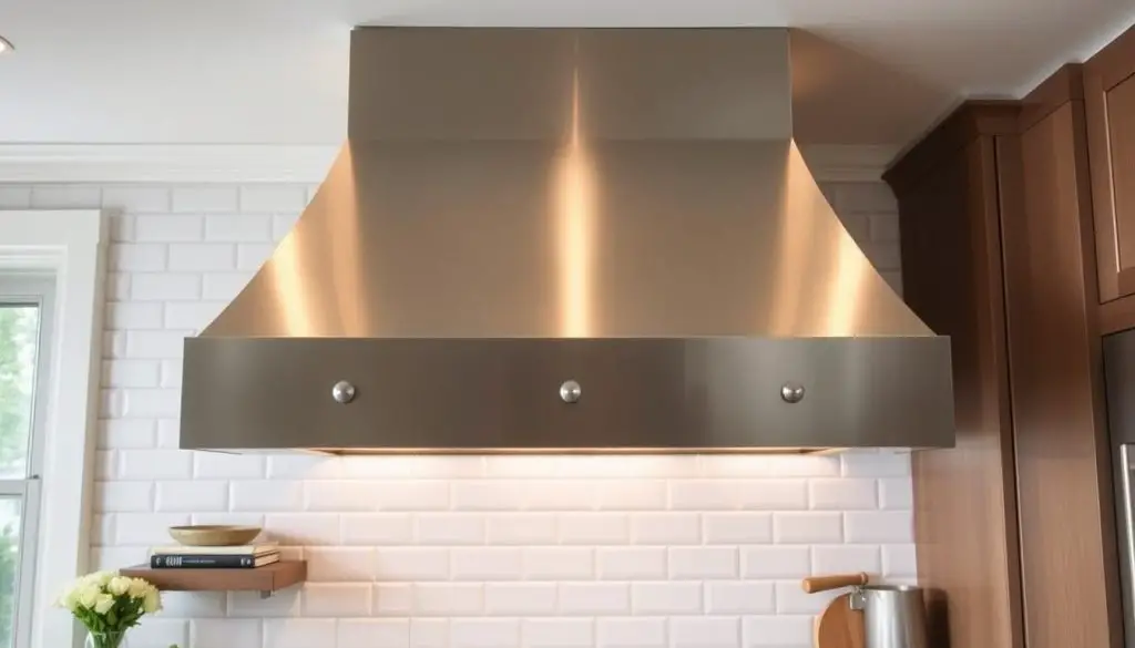 A large, custom-built range hood, crafted with precision and elegance, takes center stage in a well-appointed kitchen. The hood's sleek, minimalist design features a seamless, brushed stainless steel finish, complementing the modern, high-end appliances and cabinetry. Soft, warm lighting emanates from the recessed fixtures, casting a cozy glow and accentuating the hood's architectural lines. In the background, a backsplash of pristine, white subway tiles creates a clean, timeless backdrop, while the hardwood floors add a touch of natural warmth. The entire scene exudes a sense of understated sophistication, perfectly capturing the essence of a custom-built range hood in a small, but luxurious kitchen. A large, custom-built range hood, crafted with precision and elegance, takes center stage in a well-appointed kitchen. The hood's sleek, minimalist design features a seamless, brushed stainless steel finish, complementing the modern, high-end appliances and cabinetry. Soft, warm lighting emanates from the recessed fixtures, casting a cozy glow and accentuating the hood's architectural lines. In the background, a backsplash of pristine, white subway tiles creates a clean, timeless backdrop, while the hardwood floors add a touch of natural warmth. The entire scene exudes a sense of understated sophistication, perfectly capturing the essence of a custom-built range hood in a small, but luxurious kitchen.