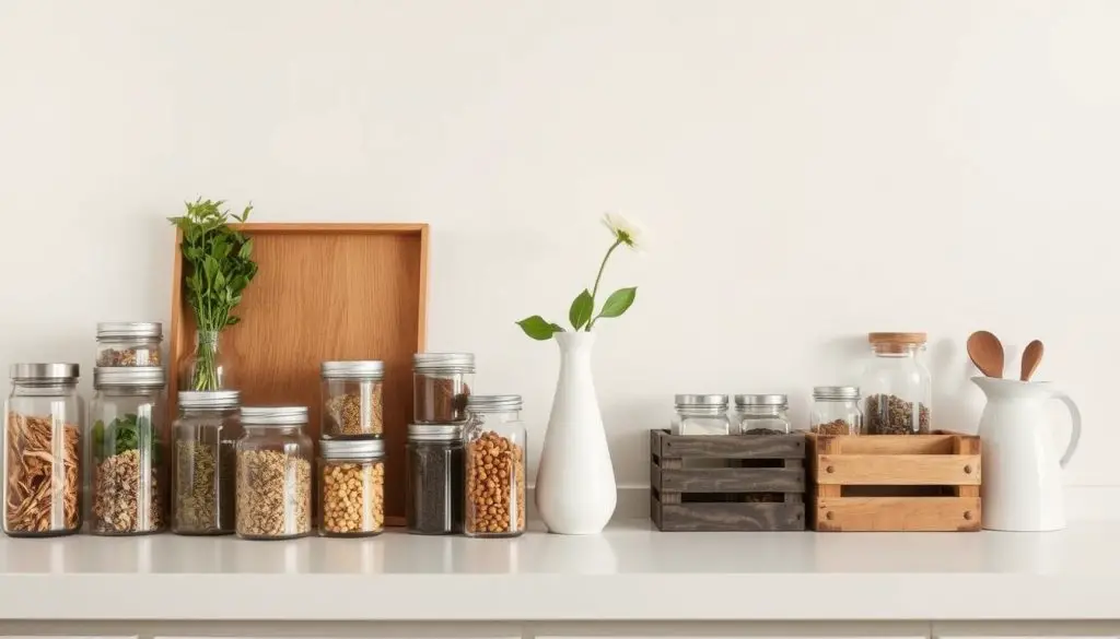 A minimalist, well-organized kitchen counter with clean lines and a calm, serene atmosphere. In the foreground, neatly arranged glass jars, metal containers, and wooden crates showcase a variety of dried herbs, spices, and other pantry essentials. The middle ground features a sleek, white ceramic vase with a single, elegant flower, adding a touch of natural beauty. The background is a neutral, off-white wall, creating a simple and uncluttered backdrop. The lighting is soft and diffused, casting a warm glow over the scene. The overall composition emphasizes the importance of decluttering and maintaining a streamlined, functional kitchen space. A minimalist, well-organized kitchen counter with clean lines and a calm, serene atmosphere. In the foreground, neatly arranged glass jars, metal containers, and wooden crates showcase a variety of dried herbs, spices, and other pantry essentials. The middle ground features a sleek, white ceramic vase with a single, elegant flower, adding a touch of natural beauty. The background is a neutral, off-white wall, creating a simple and uncluttered backdrop. The lighting is soft and diffused, casting a warm glow over the scene. The overall composition emphasizes the importance of decluttering and maintaining a streamlined, functional kitchen space.
