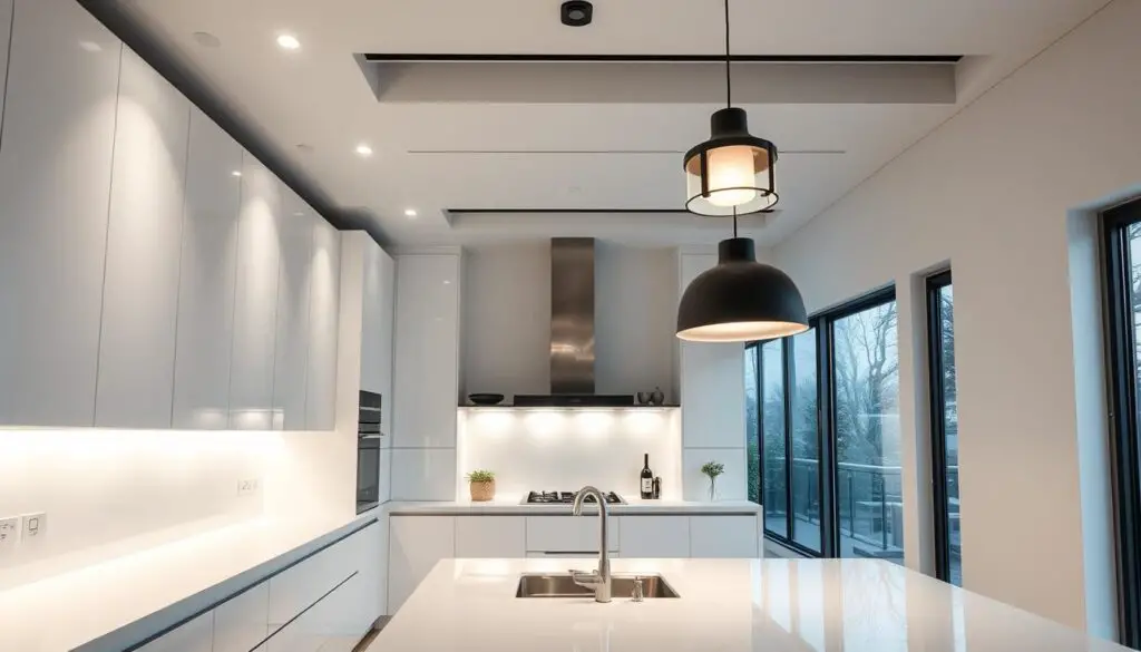 A modern, minimalist kitchen interior with clean lines and a sleek, high-tech aesthetic. Recessed LED lighting fixtures cast a warm, even glow across the space, illuminating the quartz countertops and high-gloss white cabinetry. Subtle under-cabinet lighting accents the backsplash, creating a soft, ambient effect. Streamlined pendant lights hang above the kitchen island, their matte black frames and frosted glass shades complementing the overall design. The lighting is integrated seamlessly, contributing to the kitchen's efficient, future-forward vibe. Large windows allow natural light to flood the room, blending harmoniously with the artificial illumination. The result is a well-lit, sophisticated kitchen that showcases the latest in smart, energy-efficient lighting solutions. A modern, minimalist kitchen interior with clean lines and a sleek, high-tech aesthetic. Recessed LED lighting fixtures cast a warm, even glow across the space, illuminating the quartz countertops and high-gloss white cabinetry. Subtle under-cabinet lighting accents the backsplash, creating a soft, ambient effect. Streamlined pendant lights hang above the kitchen island, their matte black frames and frosted glass shades complementing the overall design. The lighting is integrated seamlessly, contributing to the kitchen's efficient, future-forward vibe. Large windows allow natural light to flood the room, blending harmoniously with the artificial illumination. The result is a well-lit, sophisticated kitchen that showcases the latest in smart, energy-efficient lighting solutions.
