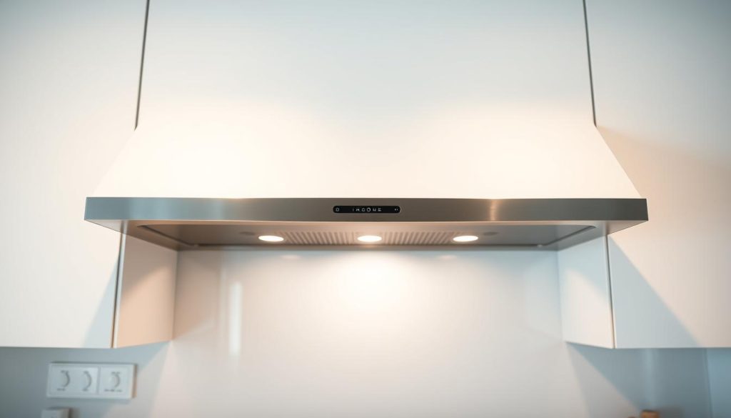 A modern, minimalist small kitchen with a sleek, integrated range hood. The hood is flush-mounted to the ceiling, its brushed stainless steel exterior blending seamlessly with the white cabinetry and backsplash. Soft, even lighting illuminates the cooking area, creating a warm, inviting atmosphere. The hood's streamlined design features gentle curves and clean lines, complementing the contemporary kitchen aesthetic. Crisp shadows and highlights accentuate the hood's sculptural form, while the overall scene is captured in a slightly low-angle perspective to emphasize its prominence. The image conveys a sense of efficiency, style, and thoughtful design in a compact kitchen space. A modern, minimalist small kitchen with a sleek, integrated range hood. The hood is flush-mounted to the ceiling, its brushed stainless steel exterior blending seamlessly with the white cabinetry and backsplash. Soft, even lighting illuminates the cooking area, creating a warm, inviting atmosphere. The hood's streamlined design features gentle curves and clean lines, complementing the contemporary kitchen aesthetic. Crisp shadows and highlights accentuate the hood's sculptural form, while the overall scene is captured in a slightly low-angle perspective to emphasize its prominence. The image conveys a sense of efficiency, style, and thoughtful design in a compact kitchen space.