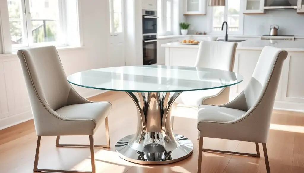 A modern round dining table with a sleek, tempered glass top that reflects the light, resting on a sturdy, chrome-finished metal base. The table is situated in a bright, airy kitchen with white walls and light hardwood floors. Soft, diffused natural light streams in through large windows, casting a warm, inviting glow on the table's surface. The table is surrounded by four contemporary, high-backed chairs upholstered in a soft, neutral fabric, creating an elegant and refined dining space. The overall scene exudes a sense of minimalist sophistication and timeless style. A modern round dining table with a sleek, tempered glass top that reflects the light, resting on a sturdy, chrome-finished metal base. The table is situated in a bright, airy kitchen with white walls and light hardwood floors. Soft, diffused natural light streams in through large windows, casting a warm, inviting glow on the table's surface. The table is surrounded by four contemporary, high-backed chairs upholstered in a soft, neutral fabric, creating an elegant and refined dining space. The overall scene exudes a sense of minimalist sophistication and timeless style.