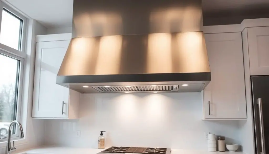A modern, sleek kitchen hood design with a minimalist aesthetic. The hood is made of brushed stainless steel, with clean lines and a low-profile silhouette that seamlessly integrates with the surrounding cabinetry. Bright, diffused lighting emanates from beneath the hood, creating a warm and inviting atmosphere. The kitchen is bathed in soft, natural light from large windows, complementing the polished chrome fixtures and white quartz countertops. The overall effect is a harmonious, high-end kitchen space that showcases the range hood as a functional design element. A modern, sleek kitchen hood design with a minimalist aesthetic. The hood is made of brushed stainless steel, with clean lines and a low-profile silhouette that seamlessly integrates with the surrounding cabinetry. Bright, diffused lighting emanates from beneath the hood, creating a warm and inviting atmosphere. The kitchen is bathed in soft, natural light from large windows, complementing the polished chrome fixtures and white quartz countertops. The overall effect is a harmonious, high-end kitchen space that showcases the range hood as a functional design element.