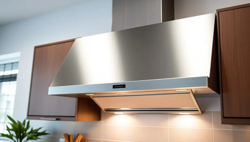 A modern, stylish wall-mounted kitchen range hood with a sleek, minimalist design. The hood is made of high-quality stainless steel or brushed metal, with a clean, linear silhouette that complements the surrounding cabinetry and tiles. Subtle LED lighting illuminates the cooking surface below, creating a warm, inviting ambiance. The hood is mounted flush against the wall, with a streamlined profile that blends seamlessly into the kitchen's overall aesthetic. The scene is captured in a well-lit, slightly angled perspective, showcasing the hood's elegant form and functional features in a visually appealing manner. A modern, stylish wall-mounted kitchen range hood with a sleek, minimalist design. The hood is made of high-quality stainless steel or brushed metal, with a clean, linear silhouette that complements the surrounding cabinetry and tiles. Subtle LED lighting illuminates the cooking surface below, creating a warm, inviting ambiance. The hood is mounted flush against the wall, with a streamlined profile that blends seamlessly into the kitchen's overall aesthetic. The scene is captured in a well-lit, slightly angled perspective, showcasing the hood's elegant form and functional features in a visually appealing manner.