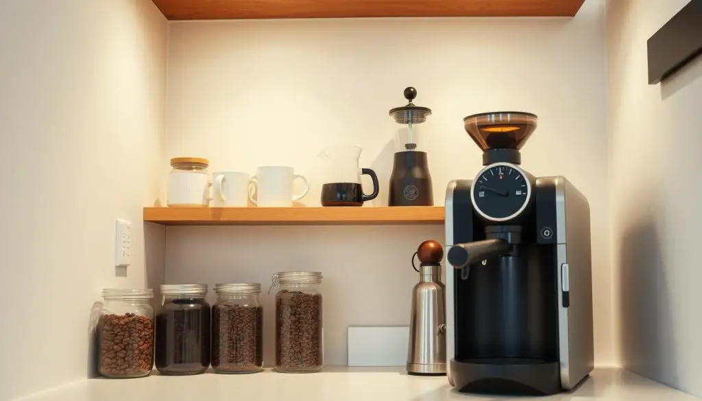 A neatly organized coffee station with a clean, minimalist aesthetic. In the foreground, a sleek espresso machine and a selection of artisanal coffee beans in glass jars. In the middle ground, a wooden shelving unit displaying various coffee mugs, a milk frother, and a vintage-inspired manual grinder. The background features a simple, neutral-toned backsplash, allowing the coffee-making equipment to take center stage. Soft, diffused lighting from above casts a warm, inviting glow over the entire setup, creating a cozy and efficient coffee nook perfect for a small kitchen. A neatly organized coffee station with a clean, minimalist aesthetic. In the foreground, a sleek espresso machine and a selection of artisanal coffee beans in glass jars. In the middle ground, a wooden shelving unit displaying various coffee mugs, a milk frother, and a vintage-inspired manual grinder. The background features a simple, neutral-toned backsplash, allowing the coffee-making equipment to take center stage. Soft, diffused lighting from above casts a warm, inviting glow over the entire setup, creating a cozy and efficient coffee nook perfect for a small kitchen.