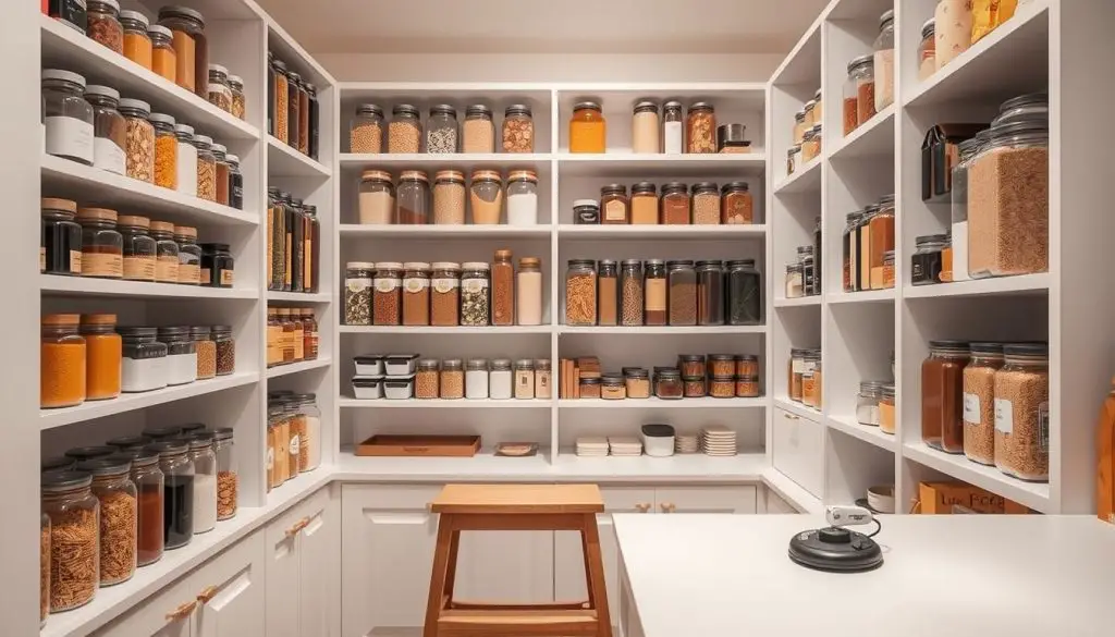 A neatly organized pantry with a clean, minimalist design. Rows of glass jars and containers line the shelves, filled with various dry goods and spices. Soft, diffused lighting illuminates the space, creating a warm and inviting atmosphere. The shelves are strategically arranged, maximizing the available storage space while maintaining a visually appealing, symmetrical layout. In the foreground, a wooden step stool provides easy access to the top shelves, while a small label maker sits on a countertop, allowing for efficient labeling and organization. The overall scene conveys a sense of order, efficiency, and a commitment to maintaining a well-organized and functional kitchen pantry. A neatly organized pantry with a clean, minimalist design. Rows of glass jars and containers line the shelves, filled with various dry goods and spices. Soft, diffused lighting illuminates the space, creating a warm and inviting atmosphere. The shelves are strategically arranged, maximizing the available storage space while maintaining a visually appealing, symmetrical layout. In the foreground, a wooden step stool provides easy access to the top shelves, while a small label maker sits on a countertop, allowing for efficient labeling and organization. The overall scene conveys a sense of order, efficiency, and a commitment to maintaining a well-organized and functional kitchen pantry.