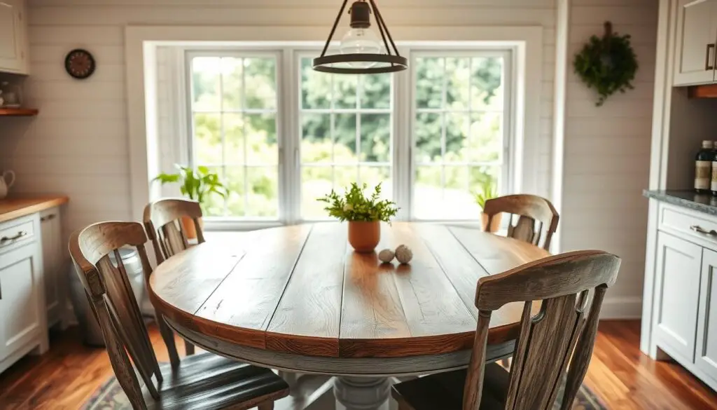 A rustic farmhouse-style round kitchen table, its distressed wood surface gleaming in the soft, warm lighting. The table is placed in the center of a cozy, bright kitchen, with white shiplap walls and a vintage-inspired pendant light overhead. The table is surrounded by four mismatched, weathered wooden chairs, adding to the charming, lived-in ambiance. In the background, a large window offers a view of a lush, green garden, further enhancing the tranquil, countryside atmosphere. The entire scene is captured with a wide-angle lens, creating a sense of inviting spaciousness and natural harmony. A rustic farmhouse-style round kitchen table, its distressed wood surface gleaming in the soft, warm lighting. The table is placed in the center of a cozy, bright kitchen, with white shiplap walls and a vintage-inspired pendant light overhead. The table is surrounded by four mismatched, weathered wooden chairs, adding to the charming, lived-in ambiance. In the background, a large window offers a view of a lush, green garden, further enhancing the tranquil, countryside atmosphere. The entire scene is captured with a wide-angle lens, creating a sense of inviting spaciousness and natural harmony.