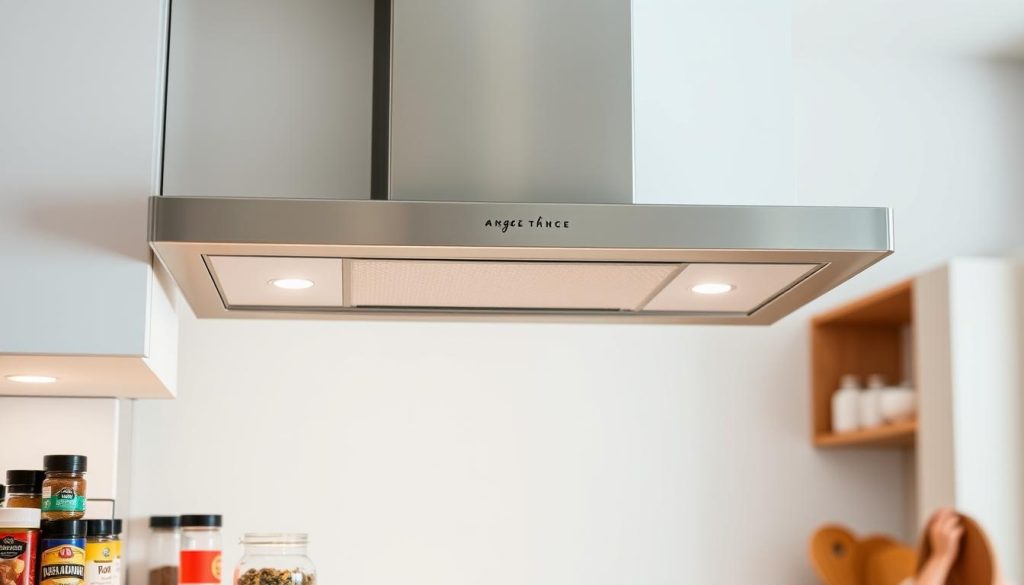 A sleek and modern under-cabinet range hood, its clean lines and stainless steel finish illuminated by soft, even lighting. The hood is mounted seamlessly into the cabinetry, maximizing precious kitchen space. In the foreground, kitchen essentials like spices and utensils are neatly organized, while the middle ground showcases a minimalist kitchen interior with neutral tones and natural wood accents. The background fades into a soft, blurred perspective, creating a sense of depth and focus on the range hood as the central design element. A sleek and modern under-cabinet range hood, its clean lines and stainless steel finish illuminated by soft, even lighting. The hood is mounted seamlessly into the cabinetry, maximizing precious kitchen space. In the foreground, kitchen essentials like spices and utensils are neatly organized, while the middle ground showcases a minimalist kitchen interior with neutral tones and natural wood accents. The background fades into a soft, blurred perspective, creating a sense of depth and focus on the range hood as the central design element.