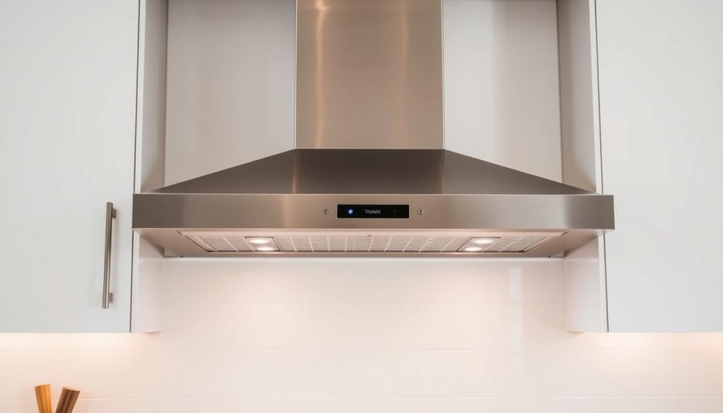 A sleek, stylish small kitchen vent hood in a modern, minimalist kitchen. The hood is made of brushed stainless steel, with clean lines and a low-profile design that seamlessly integrates with the surrounding cabinetry. Warm, soft lighting illuminates the hood, creating a cozy ambiance. The kitchen is bathed in natural light from large windows, casting a gentle glow on the smooth, white tile backsplash. The overall scene exudes a sense of elegance and functionality, perfectly complementing the "Benefits of Installing a Range Hood" section of the article. A sleek, stylish small kitchen vent hood in a modern, minimalist kitchen. The hood is made of brushed stainless steel, with clean lines and a low-profile design that seamlessly integrates with the surrounding cabinetry. Warm, soft lighting illuminates the hood, creating a cozy ambiance. The kitchen is bathed in natural light from large windows, casting a gentle glow on the smooth, white tile backsplash. The overall scene exudes a sense of elegance and functionality, perfectly complementing the "Benefits of Installing a Range Hood" section of the article.