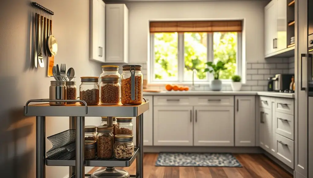A small, organized kitchen showcases a mobile cart with open shelves, stainless steel utensils, and glass jars filled with dry goods. The cart is positioned in the foreground, casting a warm glow from the overhead lighting. In the middle ground, sleek white cabinets and a subway tile backsplash create a modern, minimalist aesthetic. The background features a window overlooking a cozy, sun-drenched garden, providing a natural, calming ambiance. The scene conveys a sense of efficiency, functionality, and budget-friendly organization, perfectly capturing the "Incorporating a Mobile Cart" section of the "20 organization ideas for small kitchen" article. A small, organized kitchen showcases a mobile cart with open shelves, stainless steel utensils, and glass jars filled with dry goods. The cart is positioned in the foreground, casting a warm glow from the overhead lighting. In the middle ground, sleek white cabinets and a subway tile backsplash create a modern, minimalist aesthetic. The background features a window overlooking a cozy, sun-drenched garden, providing a natural, calming ambiance. The scene conveys a sense of efficiency, functionality, and budget-friendly organization, perfectly capturing the "Incorporating a Mobile Cart" section of the "20 organization ideas for small kitchen" article.