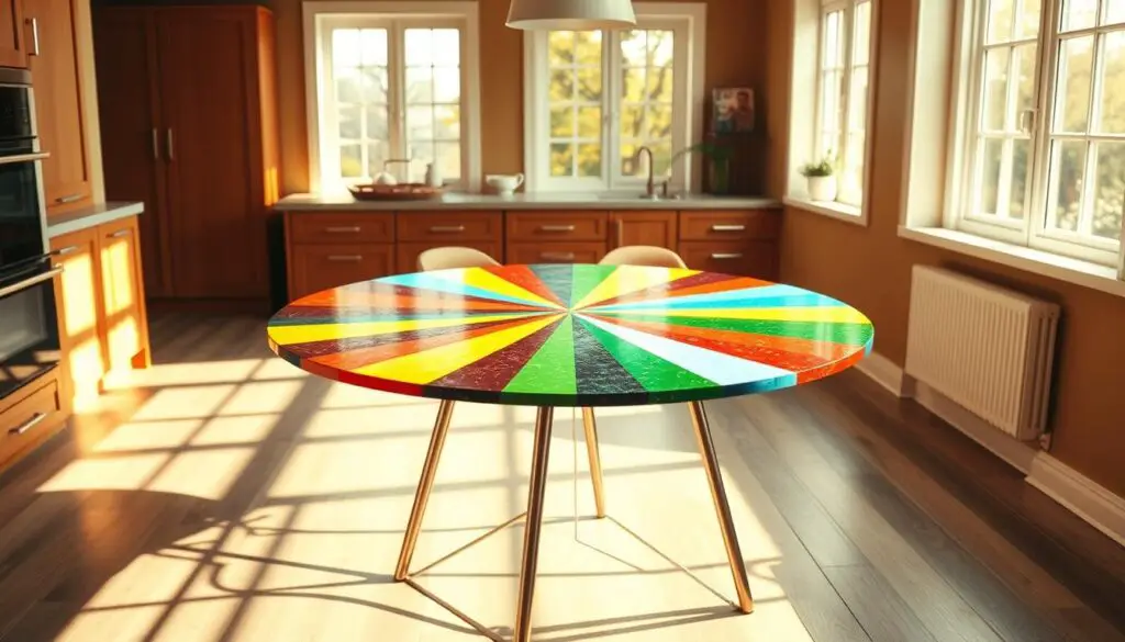 A vibrant, modern round kitchen table stands in a sun-drenched, airy room. The tabletop is adorned with a captivating array of colors - bold reds, deep blues, bright yellows, and lush greens - creating a striking geometric pattern that commands attention. Elegant, slender metal legs support the table, lending it a sleek, minimalist aesthetic. Warm, natural light filters in through large windows, casting a soft glow over the scene and accentuating the vivid hues. The overall atmosphere is one of cheerfulness and energy, perfectly suited to lively kitchen conversations and family meals. A vibrant, modern round kitchen table stands in a sun-drenched, airy room. The tabletop is adorned with a captivating array of colors - bold reds, deep blues, bright yellows, and lush greens - creating a striking geometric pattern that commands attention. Elegant, slender metal legs support the table, lending it a sleek, minimalist aesthetic. Warm, natural light filters in through large windows, casting a soft glow over the scene and accentuating the vivid hues. The overall atmosphere is one of cheerfulness and energy, perfectly suited to lively kitchen conversations and family meals.