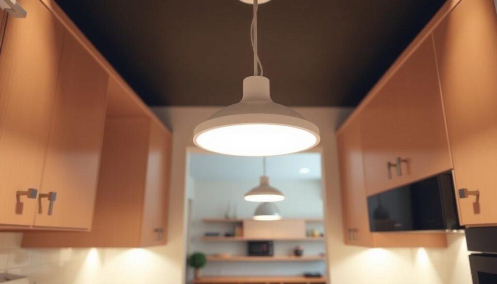 A well-lit, modern kitchen with a low ceiling. In the foreground, a flush mount light fixture, its sleek, minimalist design blending seamlessly with the clean, neutral-toned cabinetry. The lighting casts a warm, even glow, illuminating the countertops and creating a cozy, inviting atmosphere. In the middle ground, the kitchen layout is visible, with a compact, efficient use of space. The backsplash tile and hardware add subtle accents, complementing the overall aesthetic. The background features a glimpse of the adjoining living area, hinting at the open-concept design. The entire scene conveys a sense of harmony and functionality, showcasing how flush mount lighting can be a great solution for a small kitchen with low ceilings. A well-lit, modern kitchen with a low ceiling. In the foreground, a flush mount light fixture, its sleek, minimalist design blending seamlessly with the clean, neutral-toned cabinetry. The lighting casts a warm, even glow, illuminating the countertops and creating a cozy, inviting atmosphere. In the middle ground, the kitchen layout is visible, with a compact, efficient use of space. The backsplash tile and hardware add subtle accents, complementing the overall aesthetic. The background features a glimpse of the adjoining living area, hinting at the open-concept design. The entire scene conveys a sense of harmony and functionality, showcasing how flush mount lighting can be a great solution for a small kitchen with low ceilings.