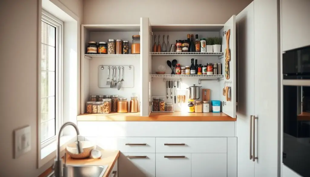 A well-organized and functional kitchen with a warm, inviting atmosphere. A modern, minimalist kitchen interior with sleek, white cabinets and a natural wood countertop. The camera focuses on the back of an open cabinet door, revealing a series of neatly arranged spice jars, utensils, and other kitchen accessories, all expertly organized to maximize space and accessibility. Soft, natural lighting filters through the window, casting a gentle glow on the organized chaos. The overall scene conveys a sense of efficiency, order, and the clever use of vertical space, perfectly capturing the "Utilize the Backs of Cabinet Doors" theme. A well-organized and functional kitchen with a warm, inviting atmosphere. A modern, minimalist kitchen interior with sleek, white cabinets and a natural wood countertop. The camera focuses on the back of an open cabinet door, revealing a series of neatly arranged spice jars, utensils, and other kitchen accessories, all expertly organized to maximize space and accessibility. Soft, natural lighting filters through the window, casting a gentle glow on the organized chaos. The overall scene conveys a sense of efficiency, order, and the clever use of vertical space, perfectly capturing the "Utilize the Backs of Cabinet Doors" theme.