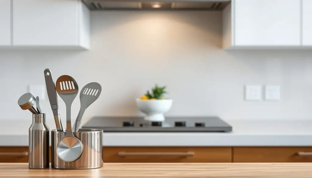 A well-organized kitchen counter with a sleek, minimalist design. In the foreground, a set of stainless steel kitchen utensils, including a multi-functional cooking tool that can serve multiple purposes. The middle ground features a modern, white ceramic fruit bowl and a small indoor plant, adding a touch of greenery. The background showcases clean, white cabinets and a muted, neutral-toned tile backsplash, creating a harmonious and visually appealing composition. The lighting is soft and diffused, highlighting the clean lines and simplicity of the space. The overall atmosphere conveys a sense of order, efficiency, and a focus on functional design. A well-organized kitchen counter with a sleek, minimalist design. In the foreground, a set of stainless steel kitchen utensils, including a multi-functional cooking tool that can serve multiple purposes. The middle ground features a modern, white ceramic fruit bowl and a small indoor plant, adding a touch of greenery. The background showcases clean, white cabinets and a muted, neutral-toned tile backsplash, creating a harmonious and visually appealing composition. The lighting is soft and diffused, highlighting the clean lines and simplicity of the space. The overall atmosphere conveys a sense of order, efficiency, and a focus on functional design.