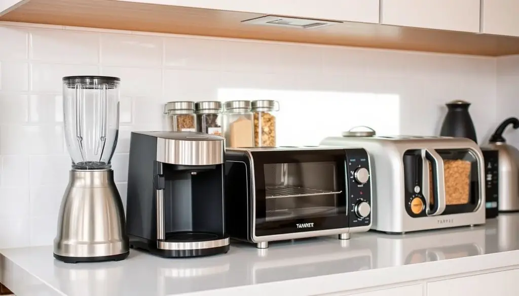 A well-organized kitchen countertop with various small appliances neatly arranged, showcasing efficient storage solutions. In the foreground, a sleek blender, a compact coffee maker, and a toaster oven are positioned within easy reach. In the middle ground, a stylish spice rack and a set of clear canisters containing commonly used ingredients. The background features a minimalist backsplash and a window with natural light filtering in, creating a bright and airy atmosphere. The overall scene conveys a sense of calm and intentional design, emphasizing the importance of improving access to small appliances in a small kitchen. A well-organized kitchen countertop with various small appliances neatly arranged, showcasing efficient storage solutions. In the foreground, a sleek blender, a compact coffee maker, and a toaster oven are positioned within easy reach. In the middle ground, a stylish spice rack and a set of clear canisters containing commonly used ingredients. The background features a minimalist backsplash and a window with natural light filtering in, creating a bright and airy atmosphere. The overall scene conveys a sense of calm and intentional design, emphasizing the importance of improving access to small appliances in a small kitchen.