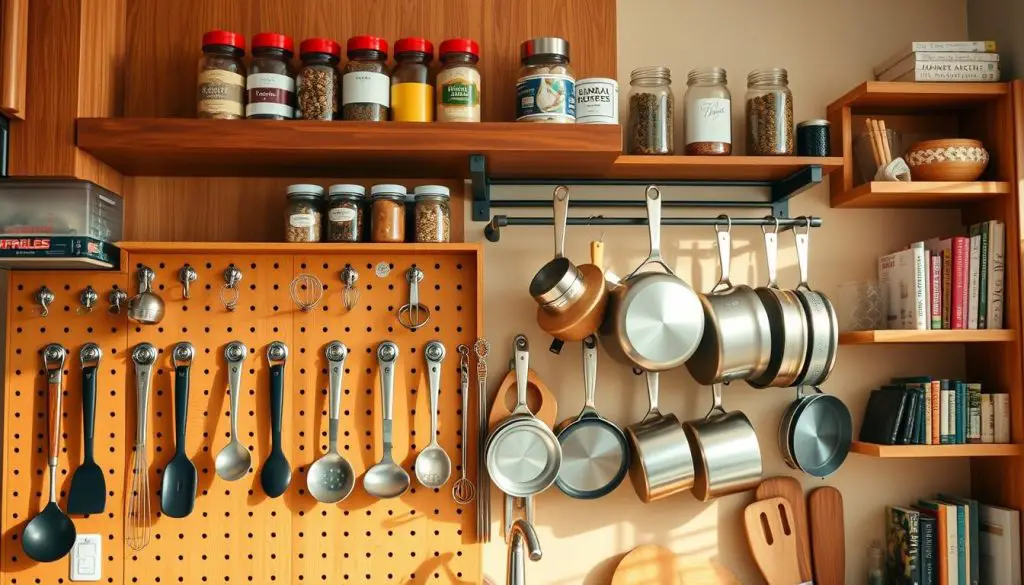 A well-organized kitchen with an abundance of creative hooks, racks, and shelves that cleverly store and display an array of cooking utensils, spices, and small appliances. The scene is bathed in warm, natural lighting that accentuates the texture and colors of the wooden cabinetry and hanging metal elements. In the foreground, a custom pegboard showcases a variety of hooks holding spatulas, ladles, and whisks, while a floating shelf above houses neatly arranged spice jars. In the middle ground, a sleek wall-mounted rack displays hanging pots and pans, freeing up valuable countertop space. The background features open shelving filled with cookbooks, mason jars, and other functional decor, creating an inviting and efficient kitchen environment. A well-organized kitchen with an abundance of creative hooks, racks, and shelves that cleverly store and display an array of cooking utensils, spices, and small appliances. The scene is bathed in warm, natural lighting that accentuates the texture and colors of the wooden cabinetry and hanging metal elements. In the foreground, a custom pegboard showcases a variety of hooks holding spatulas, ladles, and whisks, while a floating shelf above houses neatly arranged spice jars. In the middle ground, a sleek wall-mounted rack displays hanging pots and pans, freeing up valuable countertop space. The background features open shelving filled with cookbooks, mason jars, and other functional decor, creating an inviting and efficient kitchen environment.