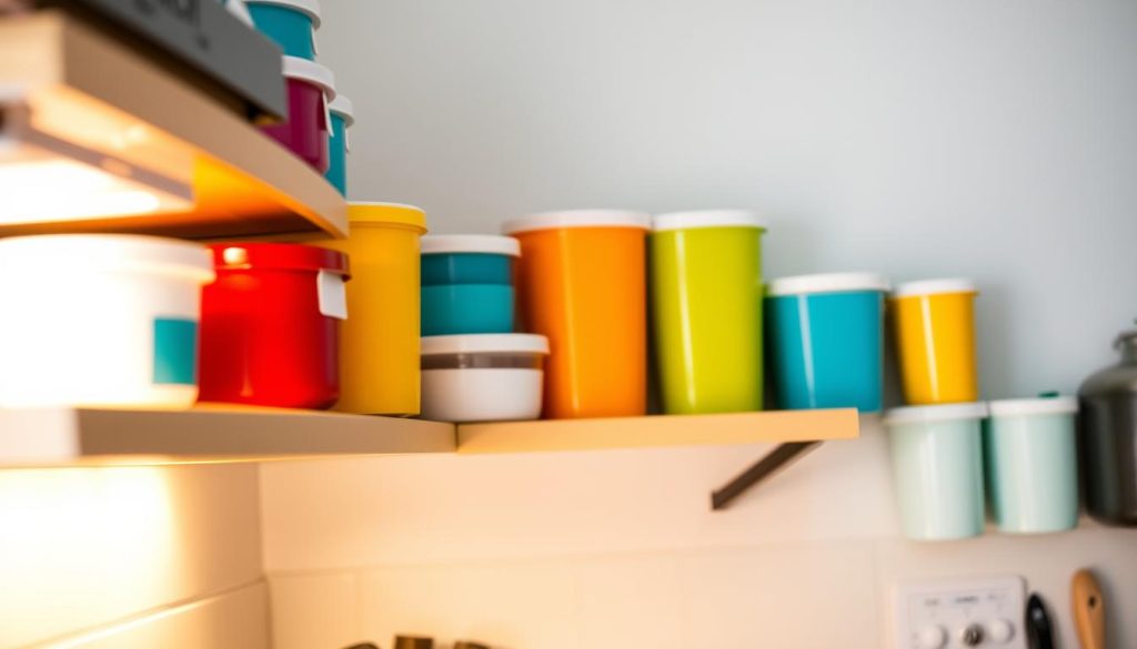 A well-organized kitchen with color-coded storage containers lining the shelves. Soft, even lighting illuminates the space, casting a warm, inviting glow. The containers are arranged in a visually pleasing manner, with similar hues grouped together to create a harmonious, aesthetically-pleasing display. The backsplash features a subtle, minimalist pattern that complements the color scheme. The overall atmosphere is one of efficiency, order, and a touch of style - a practical yet beautiful solution for small kitchen organization. A well-organized kitchen with color-coded storage containers lining the shelves. Soft, even lighting illuminates the space, casting a warm, inviting glow. The containers are arranged in a visually pleasing manner, with similar hues grouped together to create a harmonious, aesthetically-pleasing display. The backsplash features a subtle, minimalist pattern that complements the color scheme. The overall atmosphere is one of efficiency, order, and a touch of style - a practical yet beautiful solution for small kitchen organization.
